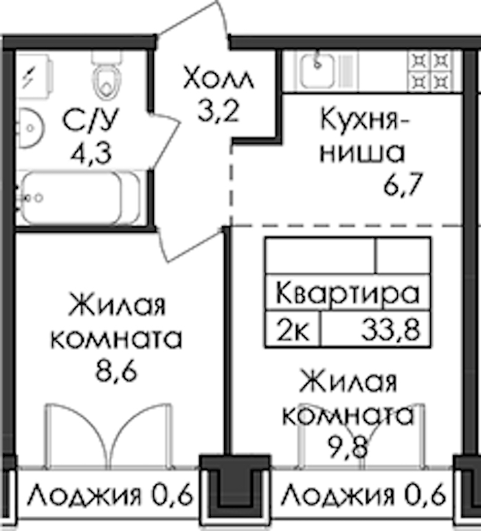 1-комнатная квартира 33.8 м², 8/9 эт., ЖК «Лермонтовский 54»